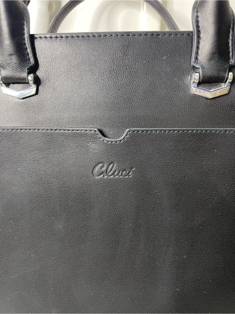 Cluci Black Vegan Leather Laptop Briefcase Shoulder Bag Tote Colorblock Gusset